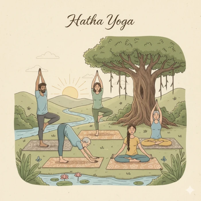Illustrazione persone esercitando hatha yoga