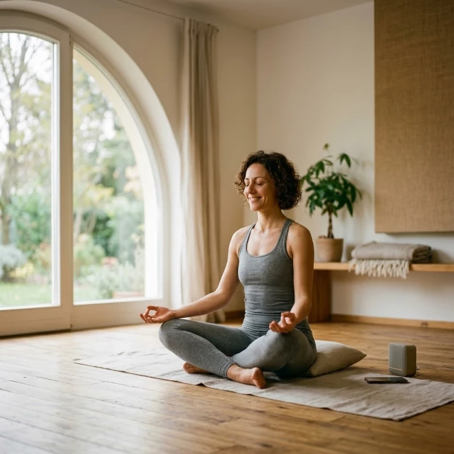 Una donna che esercita yoga in un ambiente tranquillo